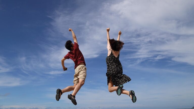 jump, nature, sky, man, clouds, height, girl, woman, happiness, joy, happy, blue sky