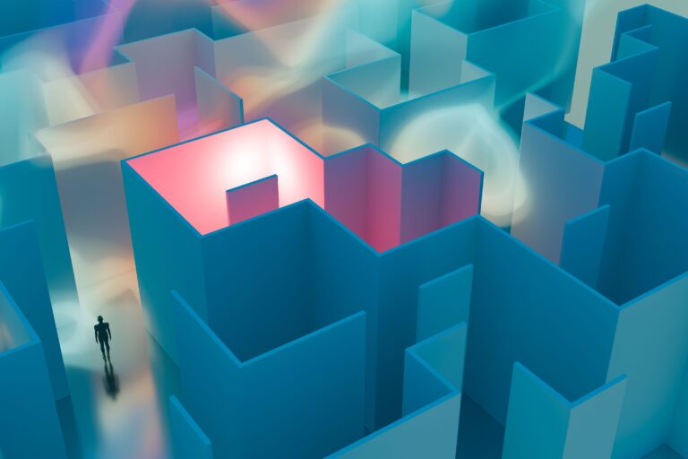 Explore a colorful abstract maze with surreal lighting, ideal for backgrounds or creative projects.